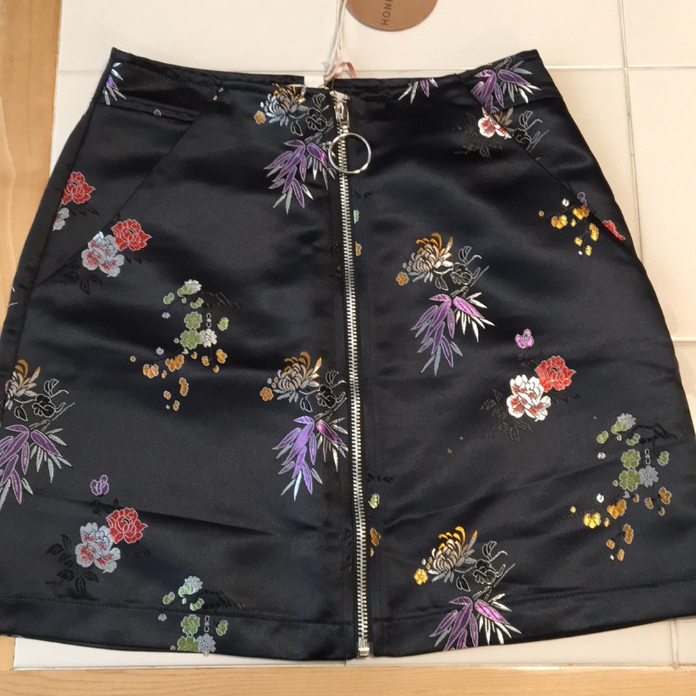Black Silky Embroidered Mini A-Line Skirt